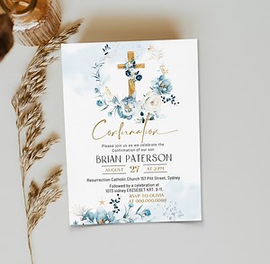 Boy Baptism Invitation, Confirmation, Blue Flowers Christening, Gold Cross Religious Invite, Editable Template P29 - Etsy