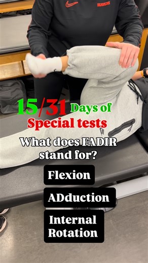 Taylor Ana Kaylee Sports Medicine on Instagram: "What does FADIR (Flexion Adduction Internal Rotation) test? How: Patient is lying supine on the table. The examiner puts the patient into hip Flexion and Adduction and then Internally Rotates the femur. Positive (+) = pain in the anterior hip can indicate femoroacetabular impingement (FAI). Pain in the groin can indicate possible labral pathology. Implications: Femoroacetabular Impingement (FAI) or labral pathology This test should be performed bi