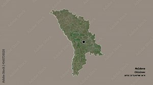 Nisporeni, district of Moldova, with its capital, localized, outlined and zoomed with informative overlays on a satellite map in the Stereographic projection. Animation 3D