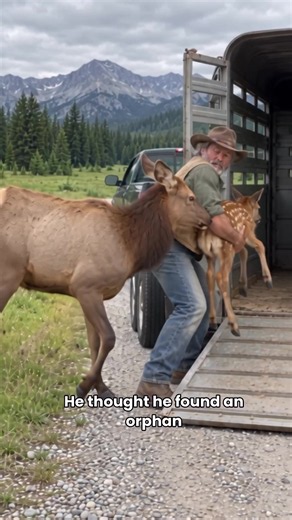 A man from a wildlife rescue center took an elk calf he believed was an orphan. Its mother followed the trailer for twenty miles, through a river, a small town and a highway, until she found her calf again.