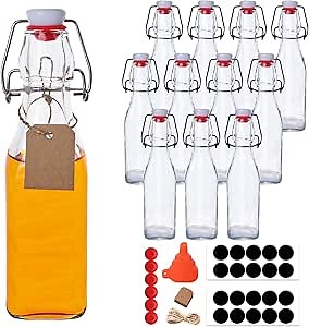 12 Pack 8.5oz Swing Top Glass Bottles, 250ML Square Bottles with Airtight Stoppers for Kombucha, Kefir, Vanilla Extract, Beer(Bonus Gaskets, Labels and Funnel)