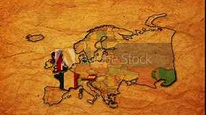Vintage political map of europe with flashing flags of european countries