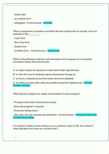 AP Computer Science Principles Final Practice Questions with Correct Verified Answers Rated A Latest
