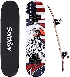 Beginner Skateboard 31 x 8 Inch，Soldow Complete Skateboard for Kids/Teens/Adults, 7 Layer Canadian Maple Longboard Double Kick Concave Standard Trick Skateboards for Boys and Girls