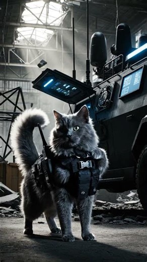 Military Op: A Nebelung Cat with a compact scattergun with drum mag in a destroyed military wareho