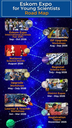 The roadmap to the Eskom Expo International Science Fair is officially underway. Registration is now open, and a series of workshops will be rolled out soon across provinces and regions. Visit our website to find out how to register and keep an eye out for upcoming workshop details in your province or region: www.exposcience.co.za #DiscoverEskomExpo #Roadmap #YoungScientists #STEMeducation #STEMI