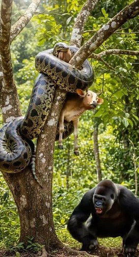 Cow Strangled by Python, Gorilla Steps In
