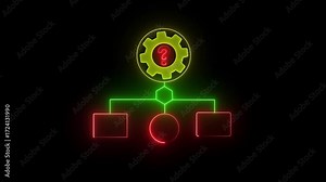 Neon flowchart diagram with question mark gear symbol representing problem solving process and decision making in technology and business