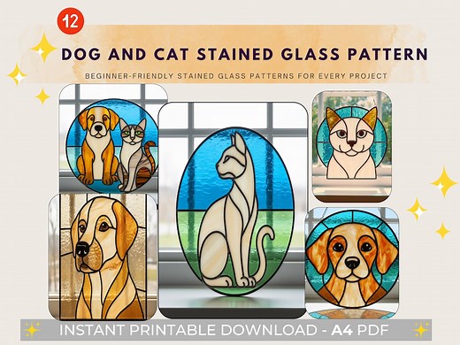 Dog and Cat Stained Glass Pattern PDF | Pet Stained Glass Suncatcher | DIY Animal Glass Art Template | Beginner Friendly Instant Download - Etsy