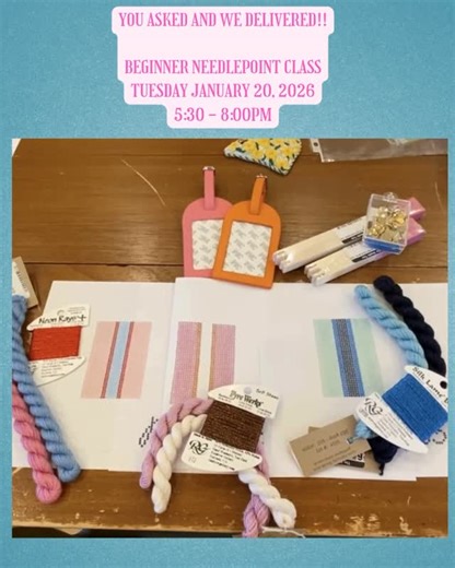 The Needletree on Instagram: "The NeedleTree is offering a Beginner Needlepoint class on Tuesday evening January 20, 2026 from 5:00 - 8:00PM here at the shop. The class will be taught by Stefanie Chase, The Joy of Needlepoint. You will receive hands-on instruction, a canvas, a leather luggage tag, all the fibers, stretcher bars, tacks and supplies needed. You just need to bring yourself! I have three color choices for your kits so just let me know your preference when you sign up. Class Fee is $