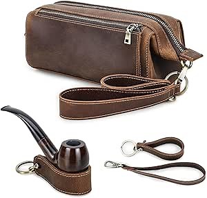 CONTACTS Travel Tobacco Pipe Pouch with Pipe Stand Full Grain Leather Smoking Pipe Accessories Organizer for 2 Pipes, Lighter, Cigarette