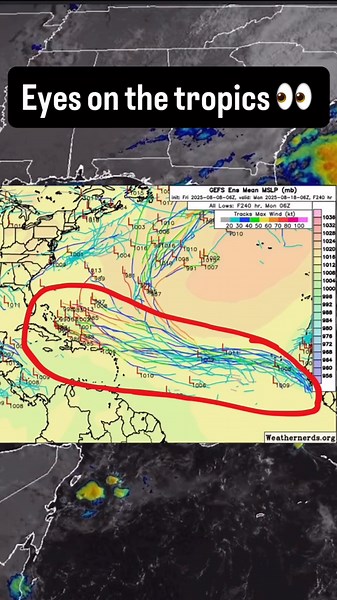 Models continue to track a new tropical wave behind A96L now moving off Africa into the main development region. The latest Euro and GFS ensembles show general agreement on a west/northwest track (first 2 videos), though some runs curve it north while others keep it moving west. THIS IS NOT A FORECAST, small atmospheric shifts can completely change all of these predictions. 10-15 day out predictions are not as accurate as 4-6 day predictions. False alarms are common. Even unanimous agreement tha