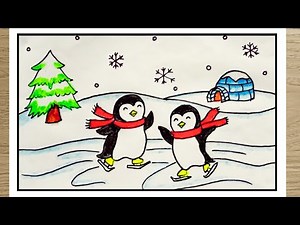 Easy Winter Season Drawing | Ice Skating Scenery Step by Step | Winter Drawing Winter Scenery drawin