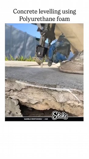 Decode the universe on Instagram: "The instgram post shows a concrete leveling process using polyurethane foam, where a worker injects the foam beneath a sunken concrete slab to lift and stabilize it, a method known as polyjacking, as described by SealBoss Corp (web:0), which highlights its lightweight (2.5–4 pounds per cubic foot) and waterproof properties compared to heavier mudjacking slurry (100 pounds per cubic foot). Polyurethane foam expands rapidly to fill voids and compact loose soil, o