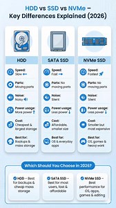 💾 HDD vs SSD vs NVMe – Key Differences Explained (2026 Guide) Choosing the right storage can transform your PC’s speed and performance. Here’s a quick comparison 👇 🔹 HDD (Hard Disk Drive) • Slow performance • Moving parts & noisy • Uses more power • Cheapest with large storage • Best for backups & mass storage 🔹 SATA SSD • Fast and responsive • No moving parts, silent • Uses less power • Affordable upgrade • Best for OS & everyday apps 🔹 NVMe SSD • Fastest storage available • No moving part
