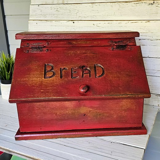Handmade Red Wooden Breadbox: Vintage Kitchen Storage With Carved "bread" - Etsy