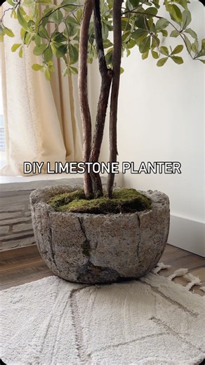 Samantha Phelan | Organic Modern Home Decor on Instagram: "DIY limestone planter for a fraction of the price 👏 Started with a big black plastic planter from Walmart and lined it with plastic sheeting. Then I mixed up a combo of concrete, perlite, and peat moss with some water and slowly built up the walls by hand. Let it cure for 48 hours, then roughed up the surface with a wire brush to give it that aged, stone-like texture. Next came paint—just some watered-down white and brown, plus a little
