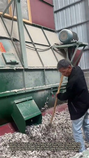 Wool Processing Worker Feeding Fibers into Large Green Machine