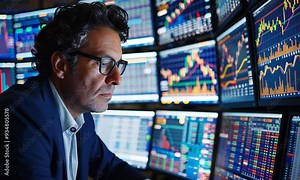 Mastering the Markets: An experienced trader intensely analyzes glowing stock charts, his face a study in concentration as he navigates the financial world.