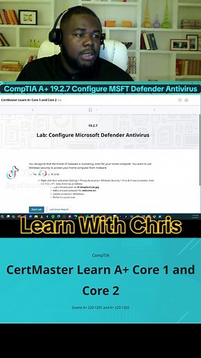 🛡️ CompTIA A Lab 19.2.7 — Configure Microsoft Defender Antivirus This lab demonstrates how to enable, configure, and manage Microsoft Defender Antivirus on a Windows system to protect against malware and other threats. 🧠 Key Concepts Microsoft Defender Overview: Built-in Windows security software for malware protection. Provides real-time protection, firewall integration, and threat detection. Works alongside Windows Security Center. Core Features: Real-time protection: Automatically scans fil