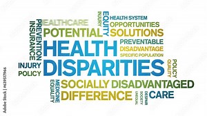 Health Disparities animated tag word cloud;text design animation kinetic typography seamless loop.