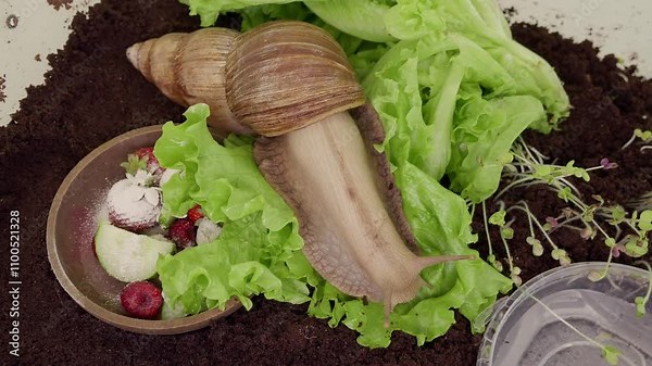 The Large Snail Achatina crawls in a terrarium among green leaves and berries in a coconut substrate. Giant African Land Snail Achatina fulica pet