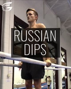 ***TURN ON THE VOLUME*** . Russian dips are one of the most advanced dip variations, requiring strength at the greatest points of shoulder mobility. It is important to descend to the bottom of the dip before lowering backward. Pay attention to how he holds his posterior pelvic tilt, neutral body line, and depressed shoulders throughout the movement. www.gymnasticbodies.com | GymnasticBodies.com