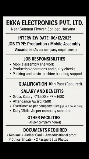 Ekka Electronics Pvt. Ltd. | Walk-In Interview | Production & Mobile Assembly Jobs