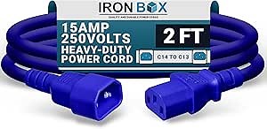IronBox Electric - Heavy-Duty C14 to C13 Power Cord, 15A, 250V, 14/3 AWG Computer Extension Cable - PDU Power Cables for PC Adapter, Server Rack Cord, Monitor Cable Extender (Blue 2 Foot)
