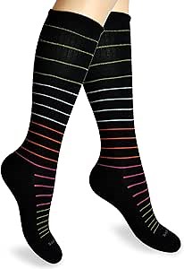 Cotton Compression Socks for Women & Men. 15-20 mmHg Support Knee-High Black Stripes S/M