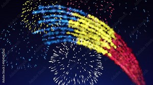 Romania holiday banner template. Fireworks romanian flag on dark sky background. Romanian national holiday. Romania flag fireworks. Template, place for text, copy space. Animated greeting card Stock Video