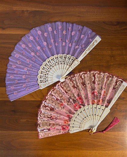 Vintage Floral Lace Folding Hand Fans 16"- Pink, Purple, Decorative Set