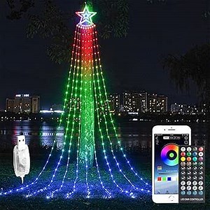 Outdoor Christmas Decorations Star String Light with Remote APP Control 10FT 305LED Waterfall Christmas Tree Light RGB Color Changing Waterproof Hanging Twinkle Fairy Light 210 Mode Timer Music Sync