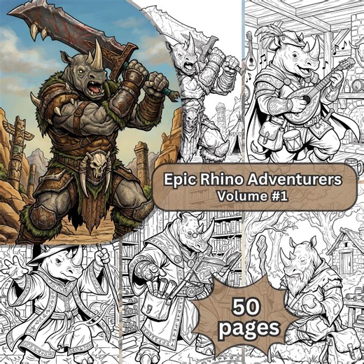 Adult Coloring Book Rhino | Adorable Fantasy Animal Line Art PDF | Digital Download Printable Pages | Procreate Coloring Hobby - Etsy