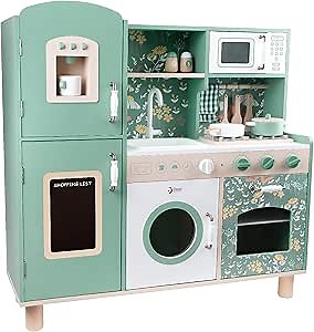 Classic World Wooden Vintage Play Kitchen Set Eco-Friendly Retro Toy Kitchen with Sink, Stove, Cupboards, Dishwasher & Accessories for Kids Creative Cooking for Ages 3 and Up