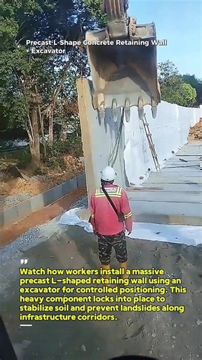 Installing Precast L-Shaped Retaining Wall : How Excavators Precisely Position Massive Concrete