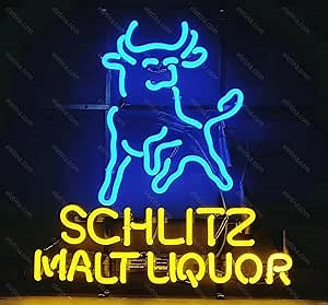 Neon Signs Beer Bar Club Schlitz Malt Liquor Bull Glass Neon Sign for Office Hotel Pub Cafe Party Man Cave Neon Light Art Wall Lights 24 X 20 Inches