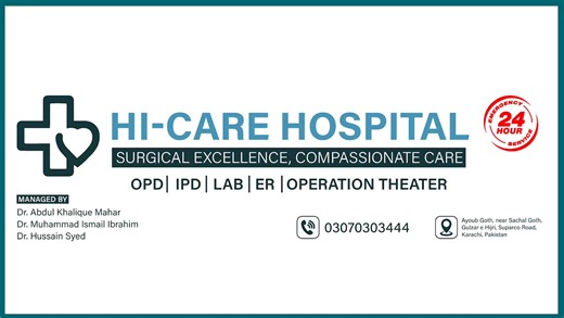 Expert Eye Care at HI-CARE Hospital Dr. Muhammad Khalid Buledi Consultant Eye Surgeon 🕒 OPD Timings: Monday – Saturday | 6:00 PM – 9:00 PM 🔹 OPD & Surgical Services Available ✔️ Cataract surgery ✔️ Glaucoma surgery ✔️ Eye Lid surgery ✔️ Ptyregium surgery ✔️ Chalazion surgery and Other Surgeries 💰 Quality eye care at affordable prices 📍 Exclusively at HI-CARE Hospital 📞 For appointments & inquiries: 0307-0303444 📌 Location: Opposite Sachal Main Gate ✨ Surgical Excellence, Compassionate Care
