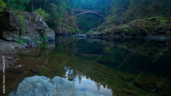 An arched bridge spans a gentle flowing river in the forest, blending with the lush greenery and creating a picturesque, tranquil scene of natural beauty and serene surroundings