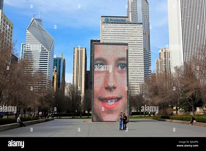 Crown Fountain, an interactive sculpture and video installation in Millennium Park with Chicago skyline in the background. Chicago.Illinois. USA Stock Photo - Alamy