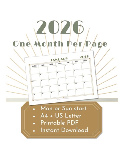 2026 Art Deco Printable Calendar | Monthly Wall Planner | A4   US Letter | Monday or Sunday Start | Instant Download - Etsy