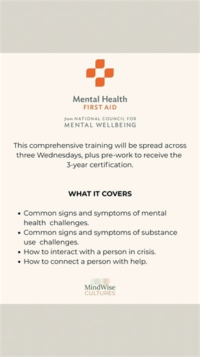 Join me for a Lunch & Learn 3-part Mental Health First Aid series starting on Wednesday, December 3rd at 11:30 AM. Don't miss out on this opportunity to gain certification. Link below for more details and to get tickets. https://bit.ly/4phpckP #MentalHealthFirstAid #VirtualTraining #MentalHealthAwareness. | MindWise Cultures | Facebook