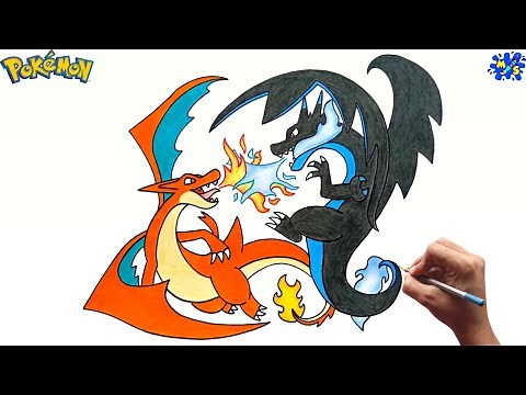 Pokemon drawing || How to draw Mega Charizard X vs Mega Charizard Y