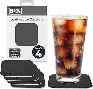 BLACK+DECKER Square Coasters Set of 4, Water-Resistant Coasters for Drinks, Flexible Durable 4" Drink Coaster for Tabletop Protection, Coffee Table Decor Ideal for Home Decor (Black)