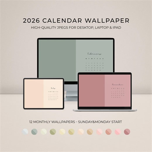 2026 Calendar Desktop Wallpaper, Minimal Monthly Backgrounds - Etsy