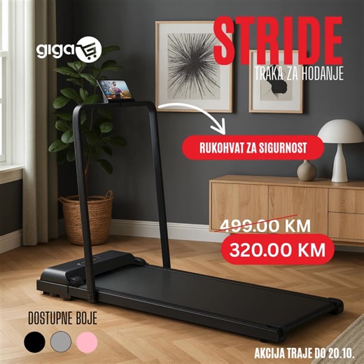 🔥 Novi model – STRIDE Pro Traka za Hodanje i Trčanje s Rukohvatom! 🏃‍♂️💨 Kompaktna, elegantna i moćna – STRIDE Pro je savršen izbor za svakog ko želi ostati u formi bez napuštanja doma. Zahvaljujući snažnom motoru, modernom dizajnu i pametnim funkcijama, ova traka pruža udobno i tiho iskustvo vježbanja – bilo da šetate, brzo hodate ili lagano trčite. ✨ Glavne karakteristike: ✔️ Sigurnosni rukohvat s trakom za zaštitu ✔️ LED ekran – brzina, udaljenost, vrijeme i kalorije na jednom mjestu ✔️ Po