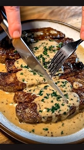 Handmake Recipes on Instagram: "Juicy Steak with Creamy Garlic Sauce 🥩🧄🔥 Perfectly seared, tender steak smothered in a rich, creamy garlic sauce — this dish delivers bold flavor in every bite. The savory pan-seared crust pairs beautifully with the smooth, buttery garlic cream finished with fresh herbs. It’s a restaurant-quality dinner made right at home, ideal for special occasions or when you want something indulgent and satisfying. 👇 Full Recipe in Coʍmеոτ 💬"