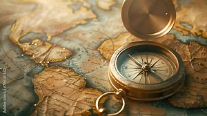 A compass is on a map of the world. The compass is pointing to the right. The map is old and has a vintage look