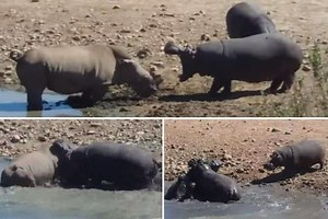 Furious hippo attacks and drowns a massive RHINO in an epic fight caught on camera at South African game reserve