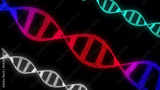 DNA molecule from particles isolated on black background. Abstract white DNA rotating animation. Science and medicine concepts. Seamless looping animation of rotating DNA